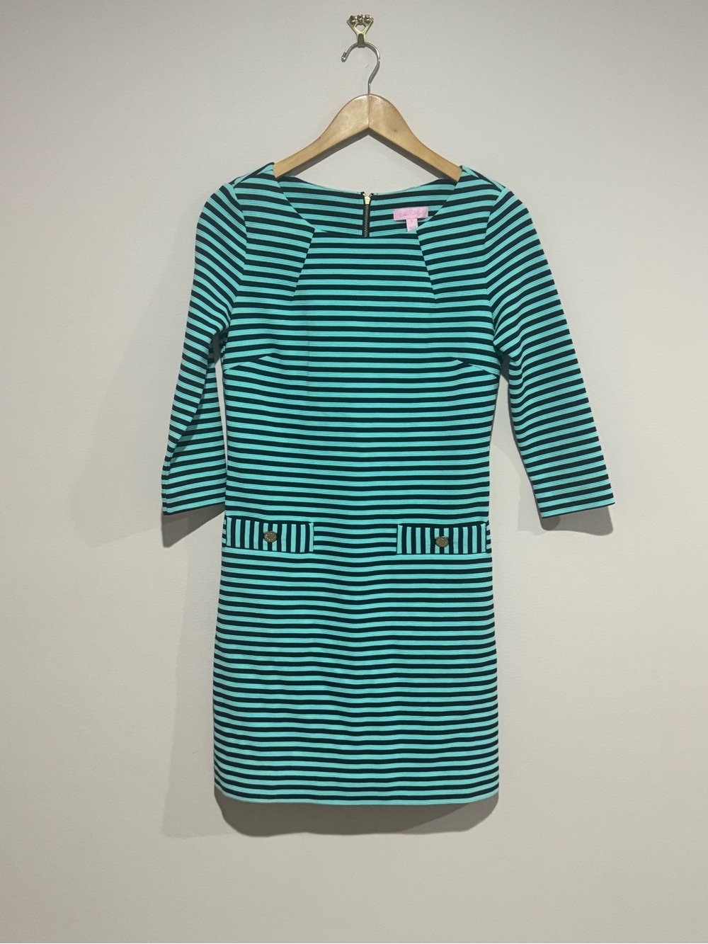 LILLY PULITZER Charlene Shift Dress Ottoman Stripe 3/4 Sleeve Blue Green SM